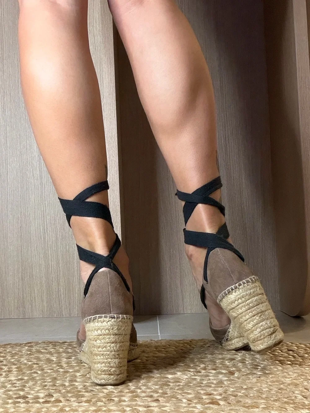 Women’s Lace-Up Espadrille Wedge Sandals in Taupe and Black